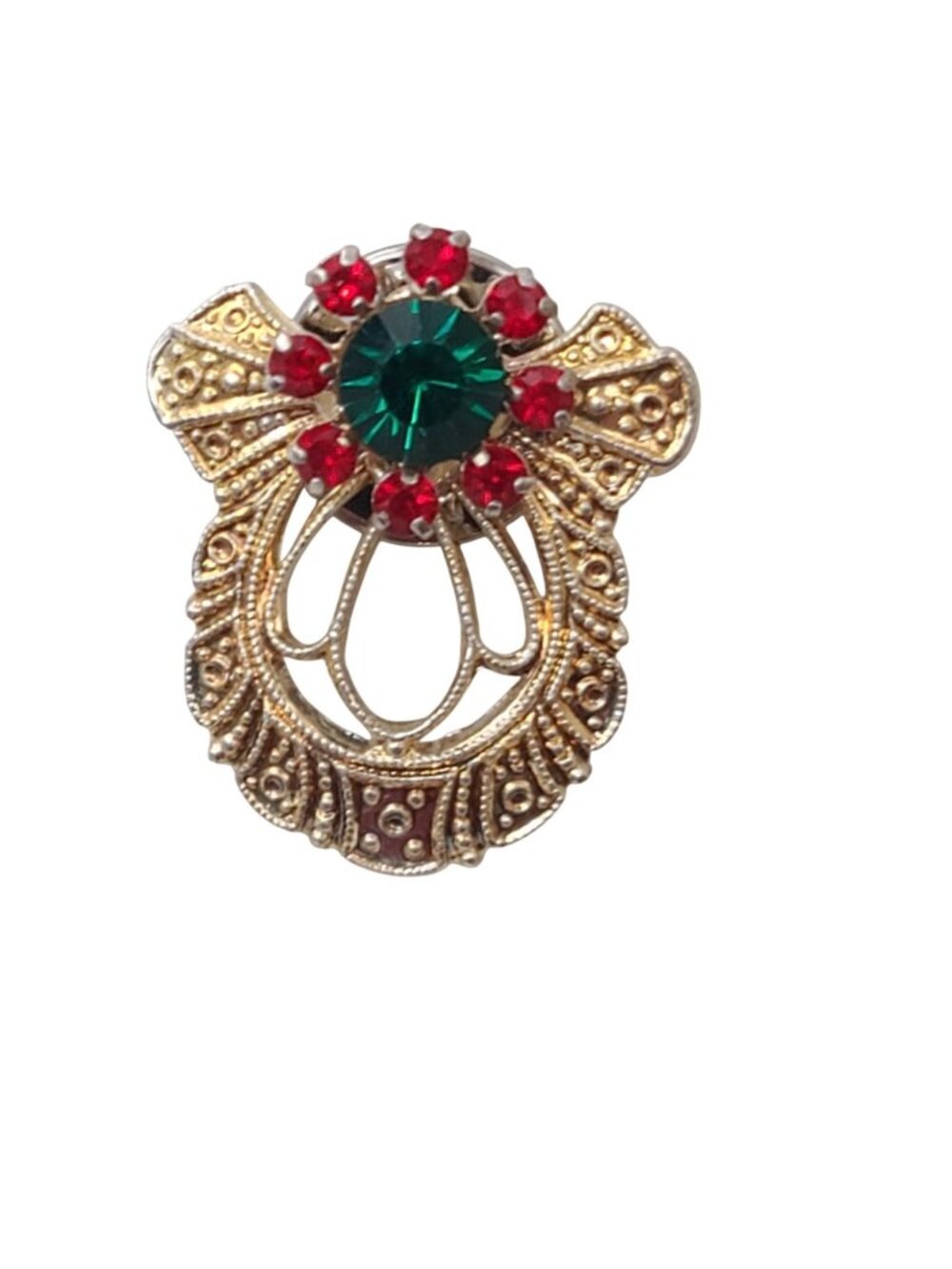 Vintage Jane Davis Angel Brooch Christmas Red Green Rhinestone Gold Tone Pin AOL